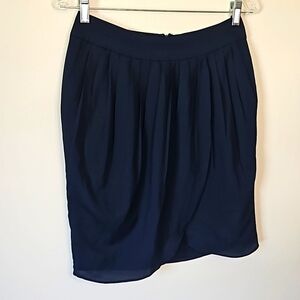 Mango MNG Navy Blue Pleated Faux Wrap Skirt Size 6